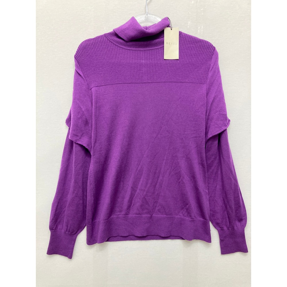 NWT REISS 100% Merino Wool Purple Ruffle Shoulder Turtleneck Sweater Large